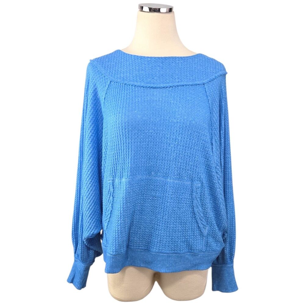 Free People We The Free Westend Thermal Top Blue Small Waffle Knit Long Sleeve